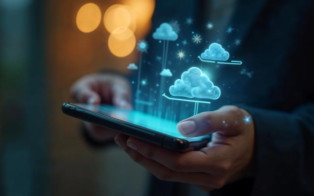 Pessoa segurando tablet com ícones holográficos de nuvem e símbolos de clima digital, ilustrando um artigo da Ramo sobre SAP Cloud ERP software.
